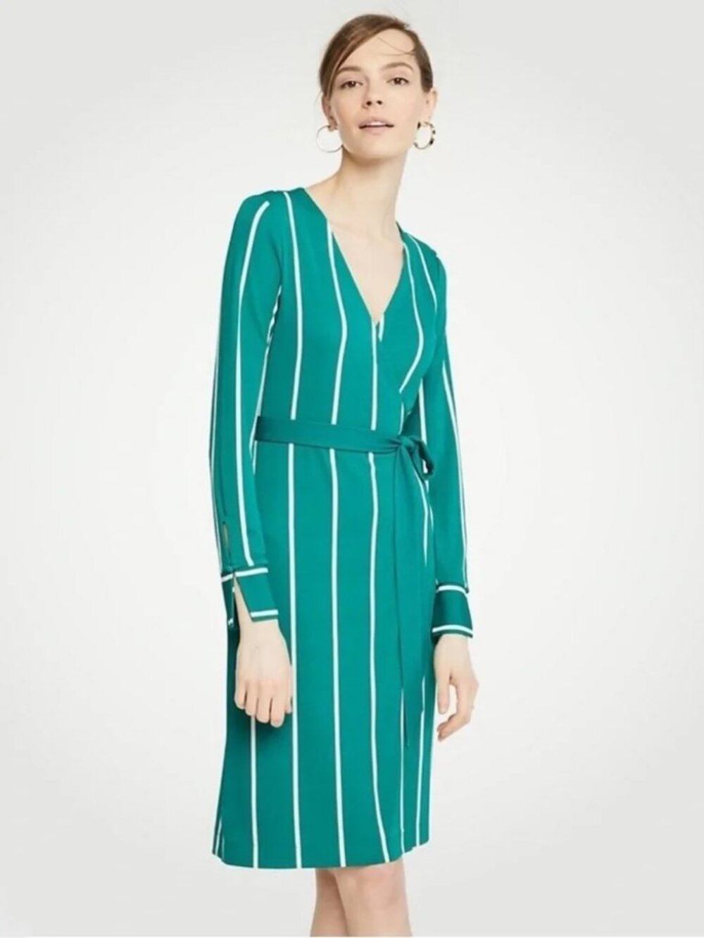 Ann Taylor Green Vertical Stripe Wrap Dress Midi Spring - DVF style - SIZE 4